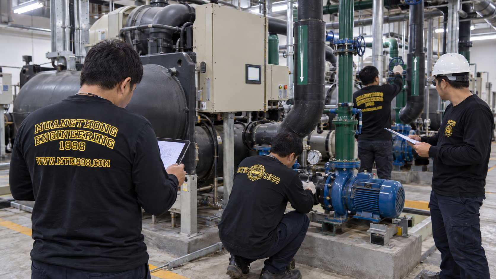 ภาพงานระบบ Chiller และระบบทำความเย็นของทีมเมืองทองวิศวกรรม