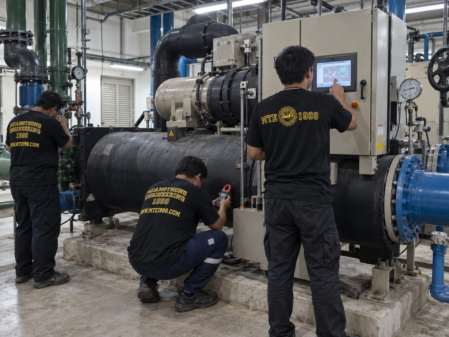 ภาพงานระบบ Chiller และระบบทำความเย็นของทีมเมืองทองวิศวกรรม