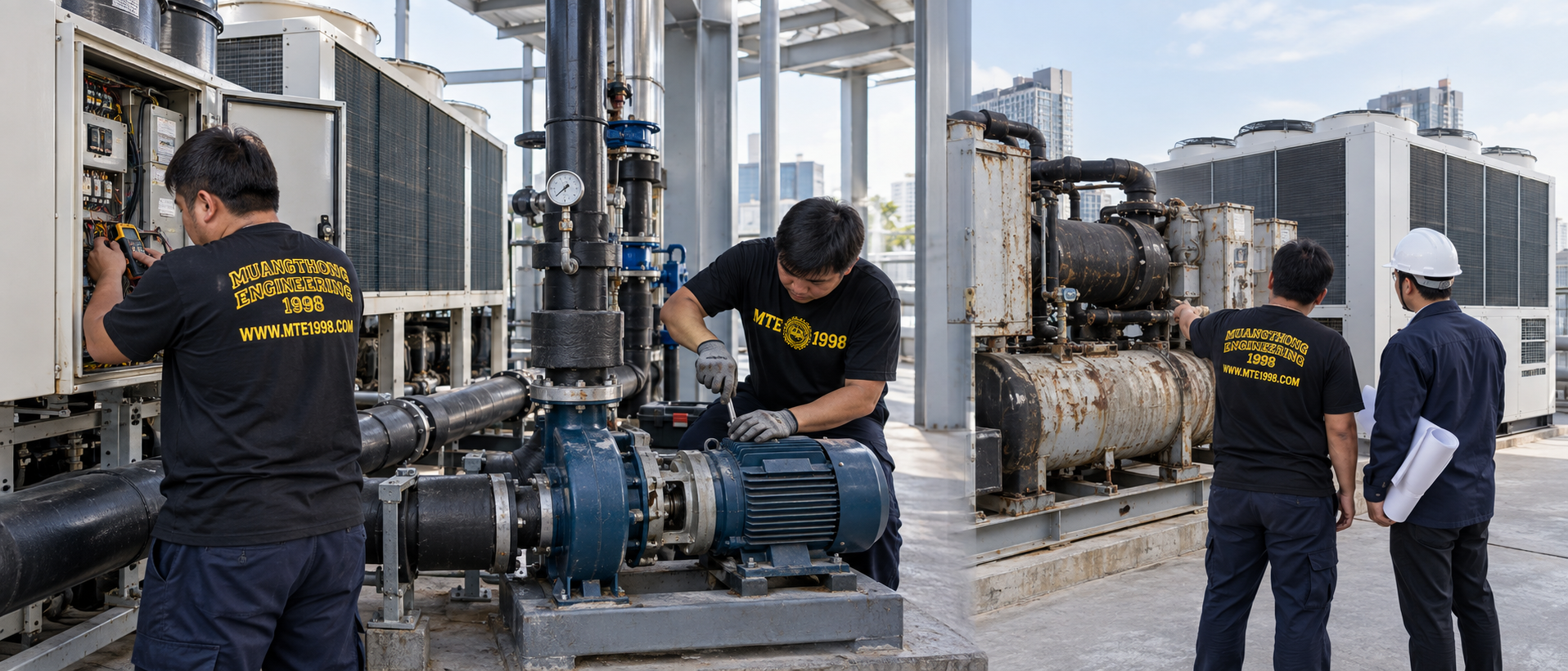 ภาพงานระบบ Chiller และระบบทำความเย็นของทีมเมืองทองวิศวกรรม