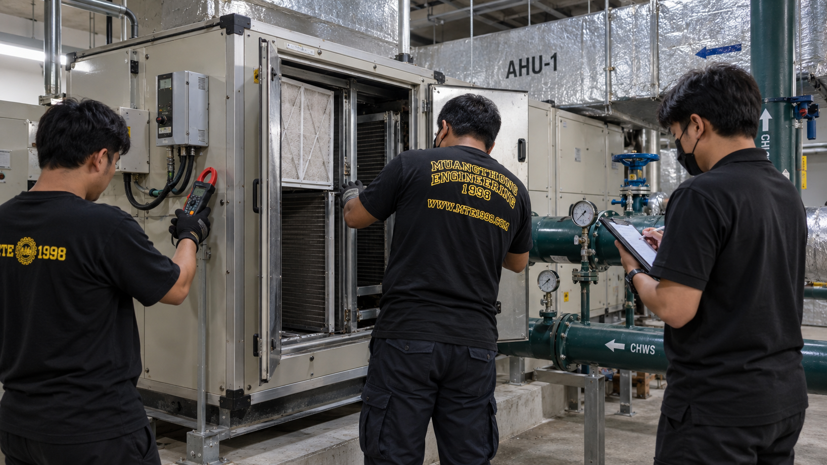 ทีมช่างเมืองทองตรวจระบบ HVAC อาคารและประเมินจุดที่ต้องซ่อม